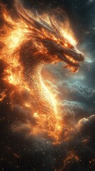 Serpentine dragon depiction: visual representation of dragon, showcasing its mythical features such as wings, horns, flames, capturing essence of both European and Eastern dragon lore.
