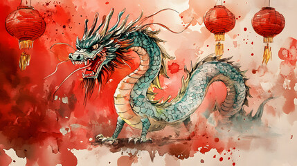 Obraz premium Chinese zodiac watercolor painting Dragon. Chinese new year