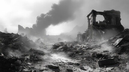 Fototapeta premium Post Apocalyptic Ruins Desolate Landscape Smoke and Destroyed Architecture