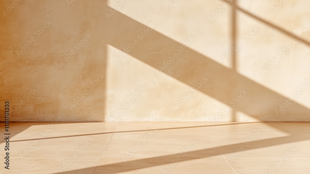 Poster sunlight is creating shadows on a beige wall and floor, offering a minimalist and elegant setting, i
