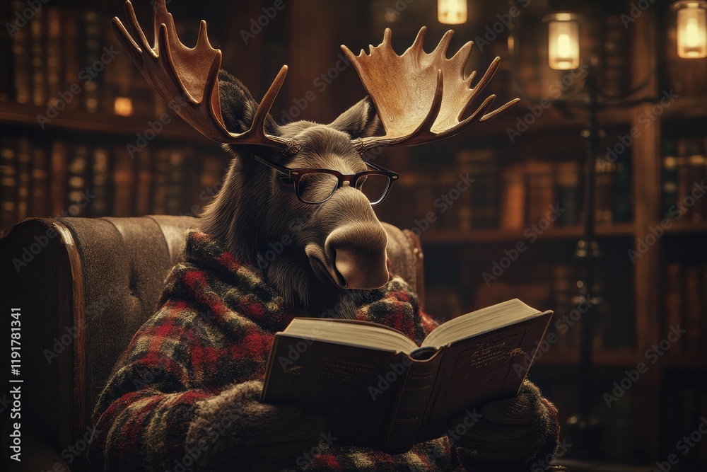 Aufkleber Moose wearing reading glasses enjoys a book in a cozy vintage library setting with warm lighting. Generative AI