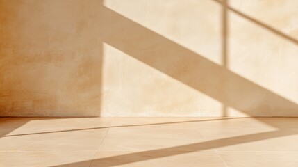 Sunlight is creating shadows on a beige wall and floor, offering a minimalist and elegant setting, ideal for showcasing products or designs in a mockup presentation