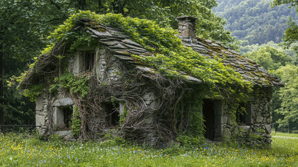 Overgrown Cottage in the Woods: A forgotten cottage, swallowed by creeping vines and moss, stands in a secluded woodland clearing,  evoking a sense of timelessness and mystery. 