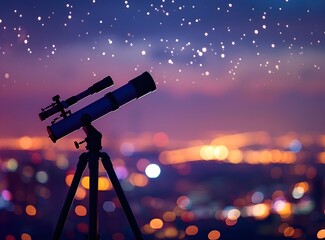 Refracting Telescope at Night with City Lights and Stars