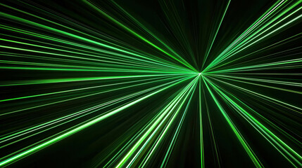 Fototapeta premium Green Light Speed Burst: Abstract image of vibrant green light streaks radiating outwards from a central point, creating a dynamic and energetic composition, perfect for speed, technology.