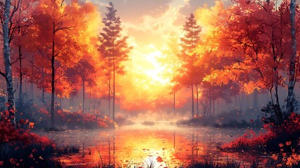 Autumn sunset forest lake, falling leaves, calm scene, wallpaper
