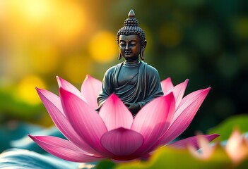 Obraz premium Serene Buddha Statue Pink Lotus Peaceful Garden Setting