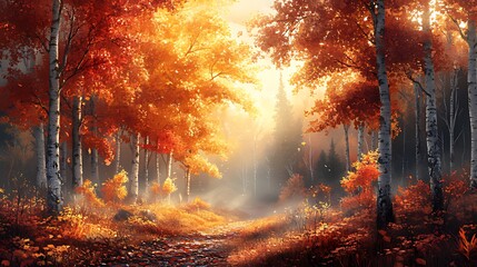 Obraz premium Autumn forest path, sunlight, leaves, fog, nature, landscape, digital art, wallpaper