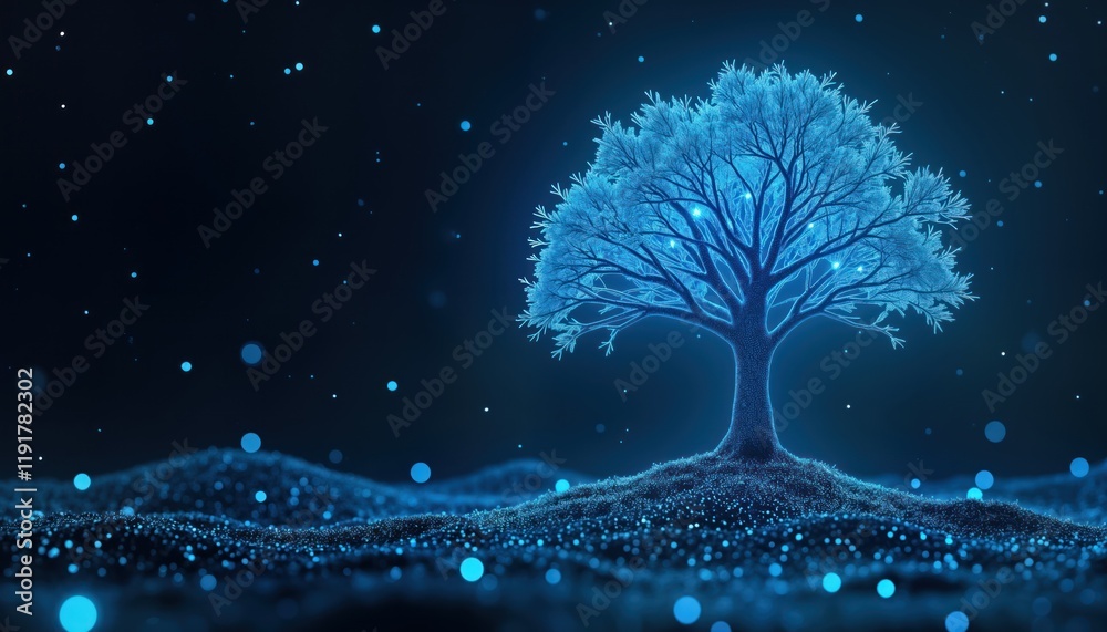 Poster tech tree stands on digital ground. data storage concept. blue glow lights up tree. futuristic and e