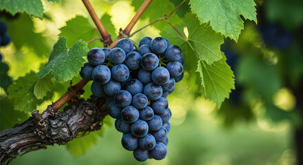 bunch of grapes and leaves on a branch, against a green background
