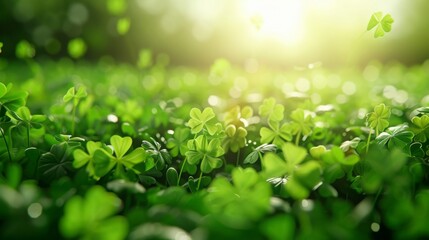 Lush Green Clover Field Illuminated by Warm Sunlight, Creating a Serene and Tranquil Atmosphere in a Natural Environment