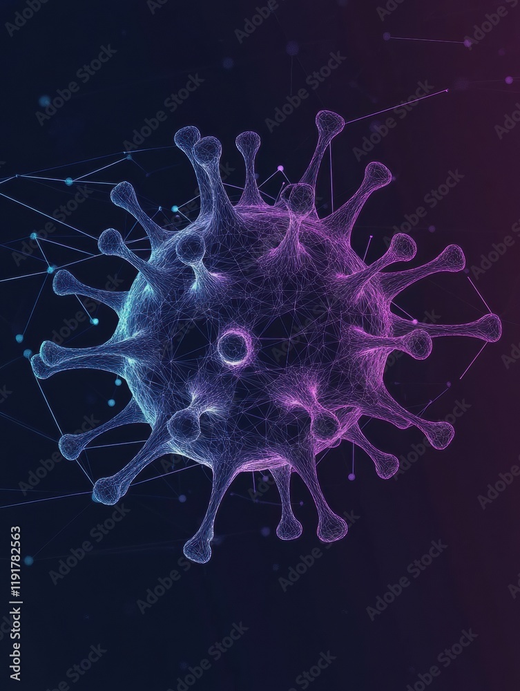 Poster minimalistic graphical representation of a virus in digital art style displayed on a dark background