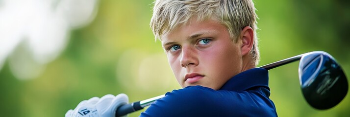 Young, blond male golf player wearing a golf glove and a blue polo shirt, concentrating as he swings his club on a green golf course with a blurred background