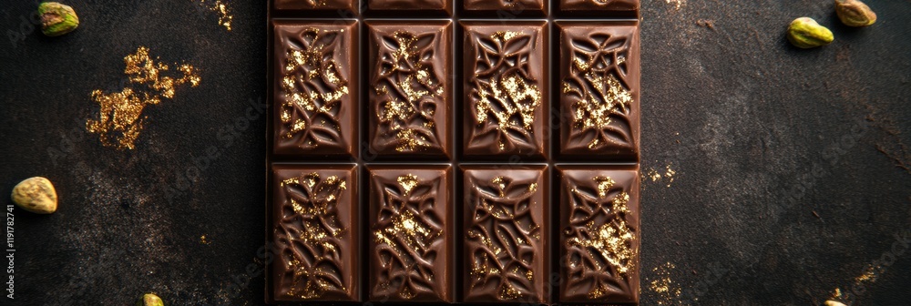 Poster decadent chocolate bar filled with pistachio and adorned with intricate arabesque designs and golden