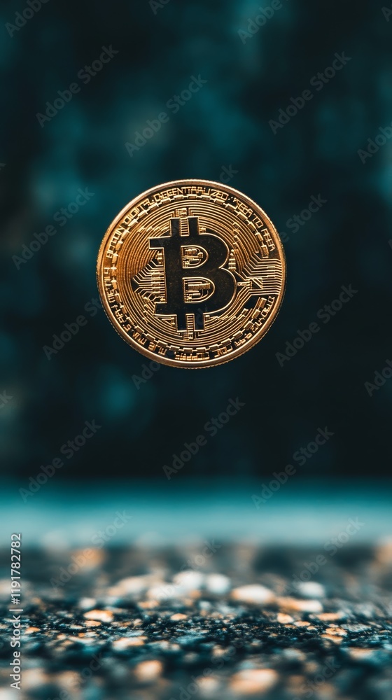Poster golden bitcoin is hovering in the air over a dark, textured surface, representing the exciting and v