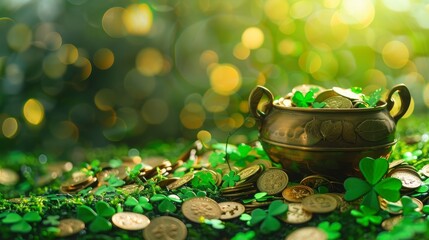 A Glimmering Pot of Gold Surrounded by Green Shamrocks and Golden Coins, Illuminated by Soft Bokeh Light in a Lush Natural Setting