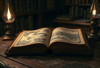 Obraz premium Ancient Dragon Illustrations Antique Book Open Pages Library Setting