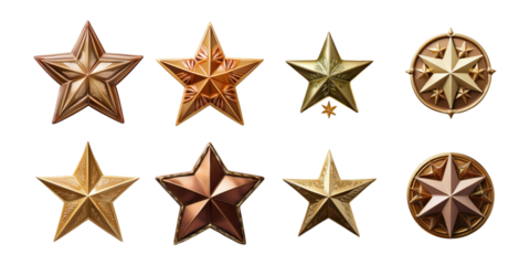 Variety of Golden and Bronze Star Designs, PNG collection, set bundle, isolate on transparent or white background