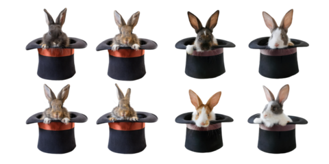 Cute Rabbits in Magic Hats for Fun and Joyful Themes, PNG set collection, isolated on transparent background