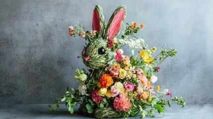 A creative Easter floral arrangement shaped like a bunny, featuring colorful spring flowers and greenery.