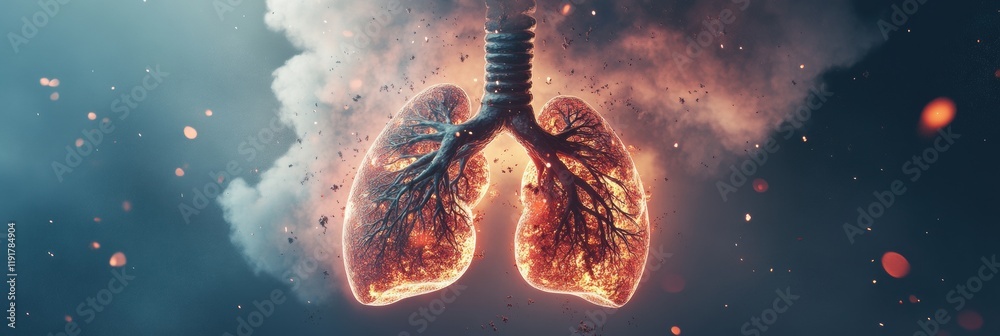 Poster lungs immersed in smog and dust particles showcasing pollutions impact on respiratory health. genera