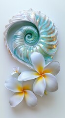 Obraz premium Iridescent Nautilus Shell with Plumeria Flowers on White Background