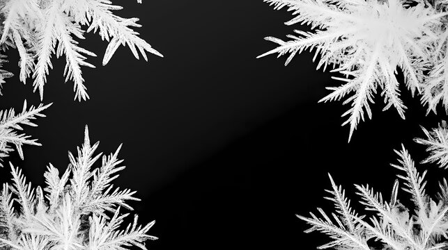 Frostwork. decorative frostwork ice crystals frame on black background. can be used as window frost overlay in design. Frostwood. Illustration