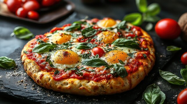 A creative Easter pizza shaped like an egg with vibrant vegetable toppings.