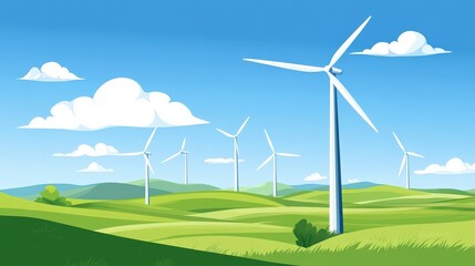 Fototapeta premium A field of wind turbines with a blue sky in the background