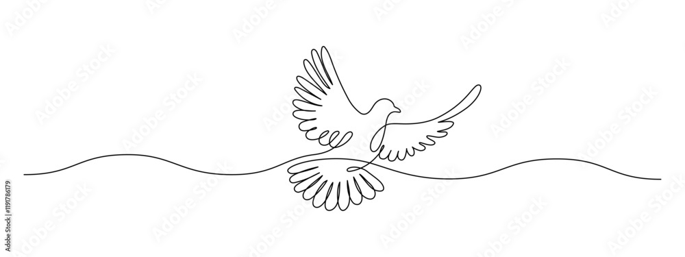 Fototapete white dove in one continuous line drawing. bird symbol of peace and freedom in simple linear style. 