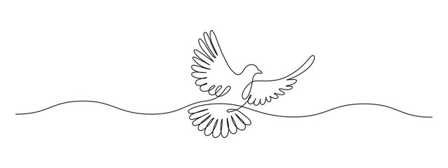 Obraz premium White dove in one continuous line drawing. Bird symbol of peace and freedom in simple linear style. Concept for wedding invitation icon. Editable stroke. Doodle outline vector illustration