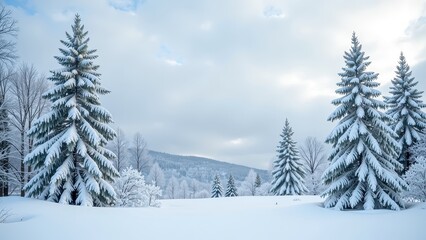 Fototapeta premium Snow-dusted pines flank a serene, glistening field, their branches heavy with winter's touch against a crisp outdoor expanse