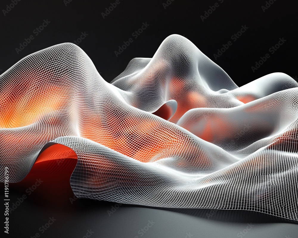Poster abstract 3d rendering of flowing fabric with orange glow.