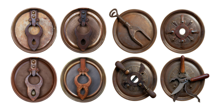 Vintage Tools on Round Metallic Bases for Crafting, PNG collection, set bundle, isolate on transparent or white background