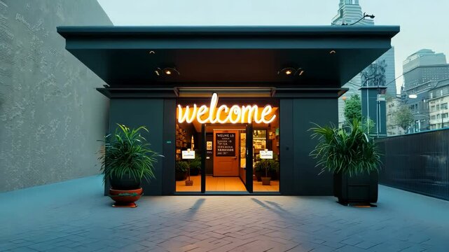 the inscription - "welcome" on the shop window