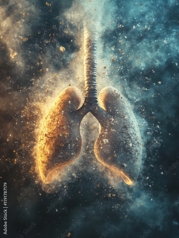 Poster realistic depiction of lungs amidst swirling smog and dust particles in a polluted environment. gene