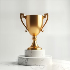 Golden trophy sits on a marble pedestal. Award winner victory. Championship success. Prize presented. Elegant display. High quality image. Prize ceremony. Celebration. Success story.