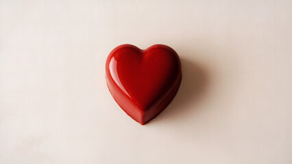 Red Heart-Shaped Chocolate: A single, perfectly shaped red heart-shaped chocolate captured from a top-down angle on a smooth white background