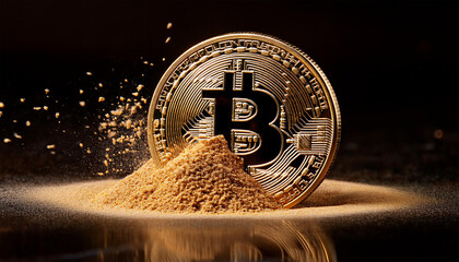 golden bitcoin coin dissolves into sand particles against a black background symbolizing cryptocurrency volatility