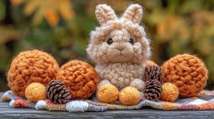 Autumn Crochet Bunny with Yarn Balls Outdoors