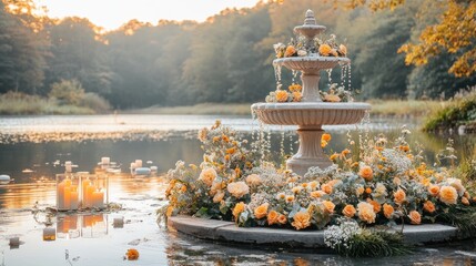 Obraz premium Autumnal lake fountain wedding ceremony setup