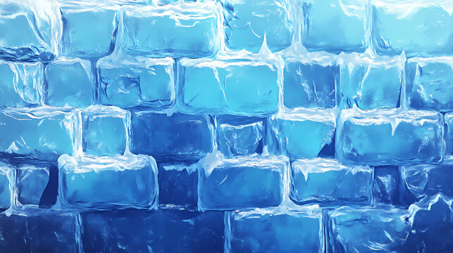 Background of textured blue ice bricks and blocks creating a cool and icy wall. Frostwood. Illustration