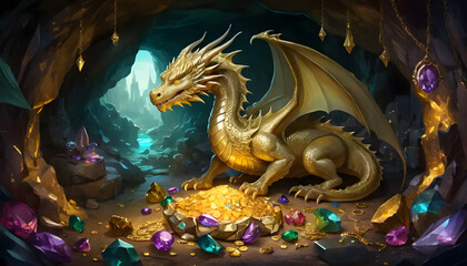 Fototapeta premium Golden Dragon guarding its Treasure in a Mystical Cave