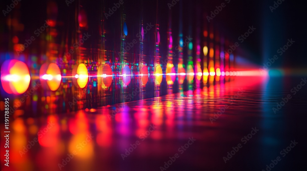 Poster vibrant light patterns and reflections creating a mesmerizing display in a dark space