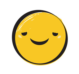 Cute yellow smiling face with a playful expression, drawn with a sketchy artistic style on a clean white background. Represents happiness and positivity. Vector illustration