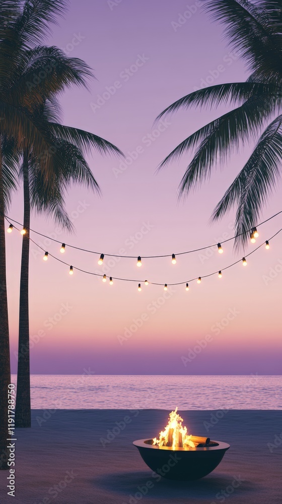 Poster warm fire burning in fire pit on sandy beach with palm trees and string lights at sunset creating co