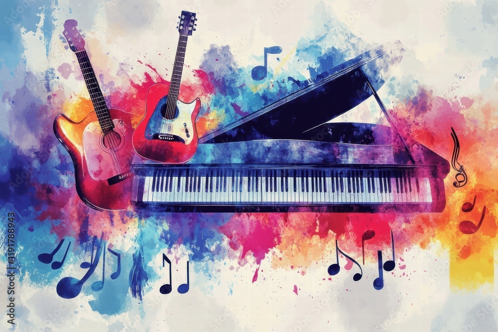 Poster Creative musical expression with guitars and piano surrounded by colorful notes and vibrant energy in an artistic setting. Generative AI