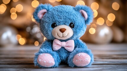 Obraz premium Blue teddy bear, festive lights, wood, gift
