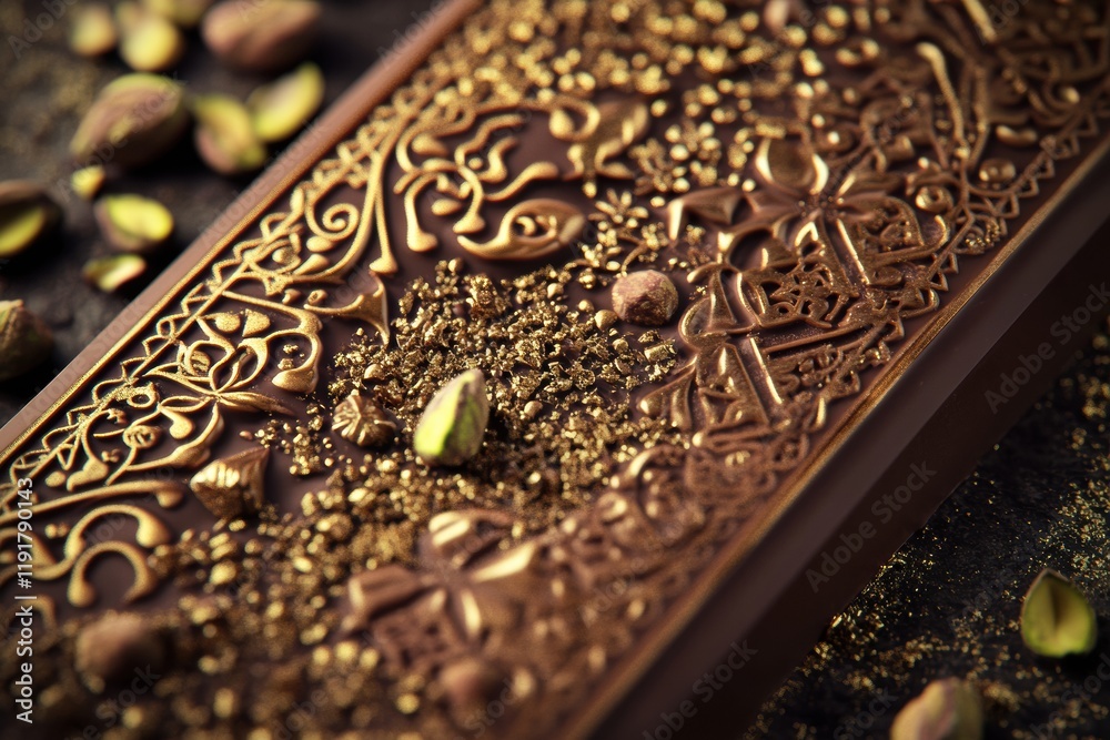 Poster pistachio chocolate bar adorned with intricate arabesque patterns and golden embellishments on a dar