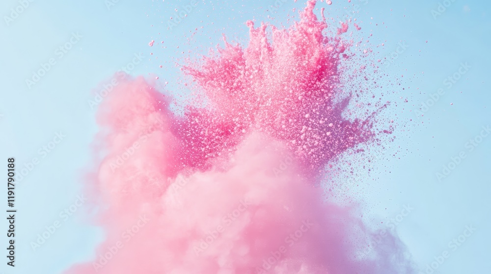 Poster pink powder exploding against a light blue background, creating a vibrant and dynamic cloud of color